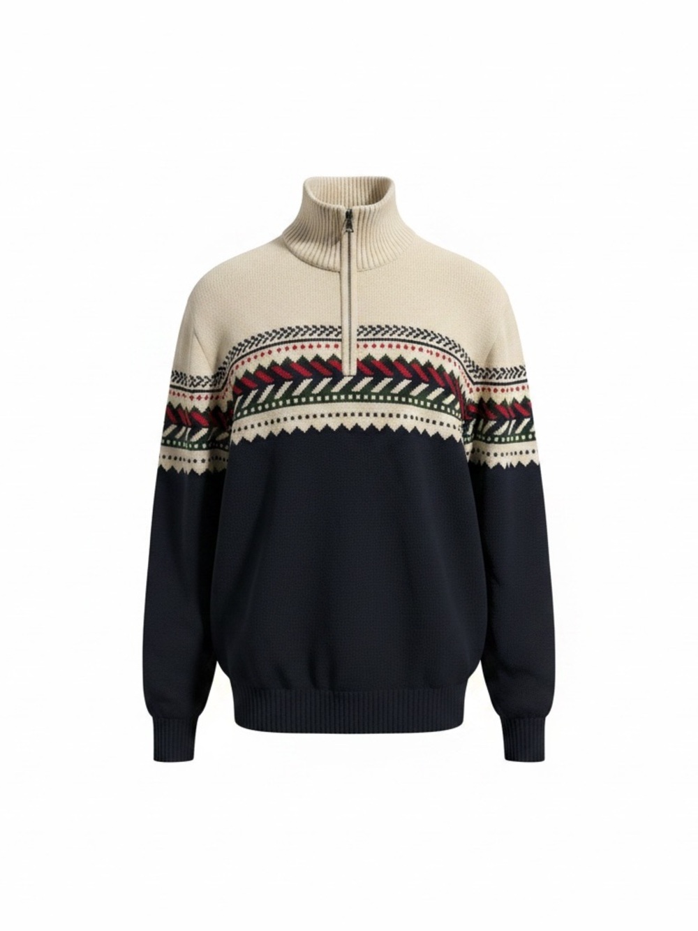 Weatherproof Fair Isle Zip Sweater - Cream, Navy & Red
